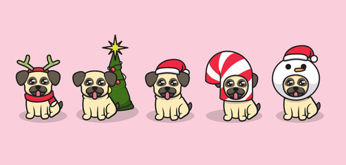 Set of cute pug dog with christmas costume 