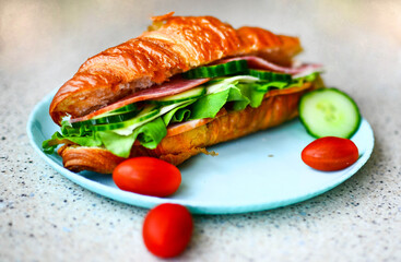 Delicious croissant with butter and salad