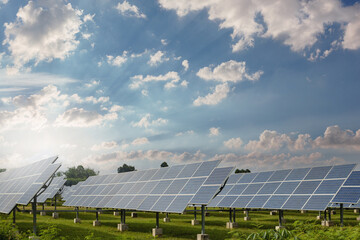 Solar panels with sunlight and blue sky background natural energy concept