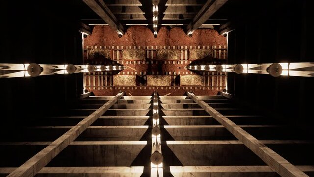 Rising from the base of an industrial-sized mine shaft to the top of the shaft at ground level.