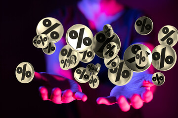 Obraz premium Red cubes percent falling on a white background. 3d rendering. Illustration for advertising.