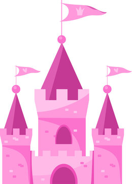 Cute cartoon pink vector kingdom ancient palace isolated on white. Childish fortress with towers of bricks, waving flags.