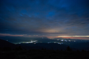 Dawn sky over the village in the Ukrainian Carpathians