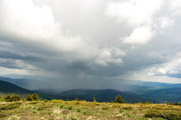 Fototapeta premium Rain and thunderstorm in the Carpathian mountains in Ukraine