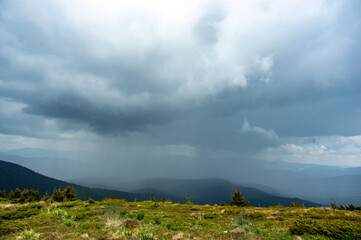 Rain and thunderstorm in the Carpathian mountains in Ukraine