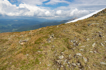 Spring mountains in snow and green grass