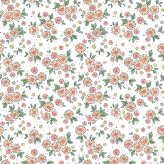 Vintage floral background. Seamless vector pattern for design and fashion prints. Flowers pattern with small pink flowers on a white background. Ditsy style.