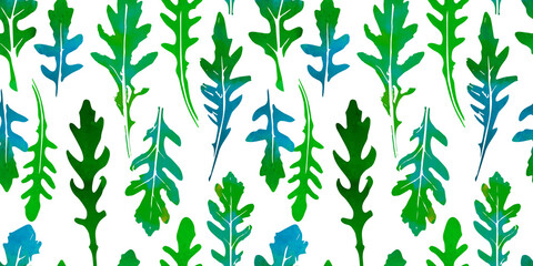 Seamless pattern of watercolor arugula leaves