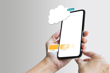 Hand holding mobile smart phone with illustration shopping cart icon technology social network - Finding shopping items for sale online at home