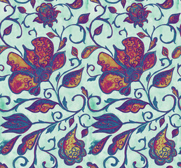 Paisley watercolor floral pattern tile:  flowers, flores, tulips, leaves. Oriental indian traditional hand painted water color whimsical seamless print, ceramic design. Abstract india batik background