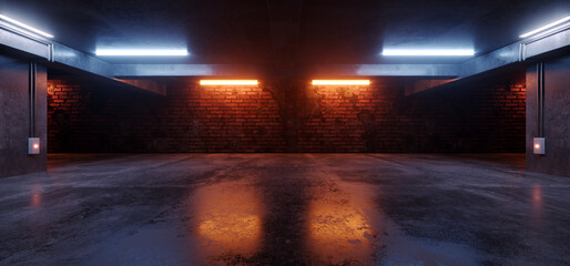 Neonlichter Grunge Sci-Fi-Tiefgarage Autoraum Zement Asphalt Beton Ziegelmauer Realistische Blau-Orange-Farben Cyber-Hintergrund 3D-Rendering © IM_VISUALS