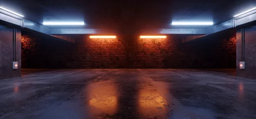 Neonlichter Grunge Sci-Fi-Tiefgarage Autoraum Zement Asphalt Beton Ziegelmauer Realistische Blau-Orange-Farben Cyber-Hintergrund 3D-Rendering © IM_VISUALS