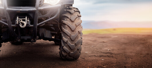 Banner motocross background, ATV wheels quad bike on desert offroad dust