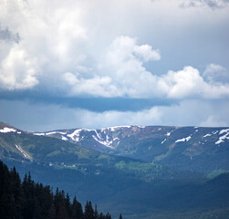 Naklejka premium Panorama of the Carpathian mountains at the beginning of summer in Ukraine, rest and travel in the mountains