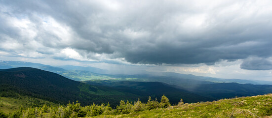 Obraz na płótnie Canvas Panorama of the Carpathian mountains at the beginning of summer in Ukraine, rest and travel in the mountains