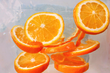 Orange slices under water, oranges with water bubbles
