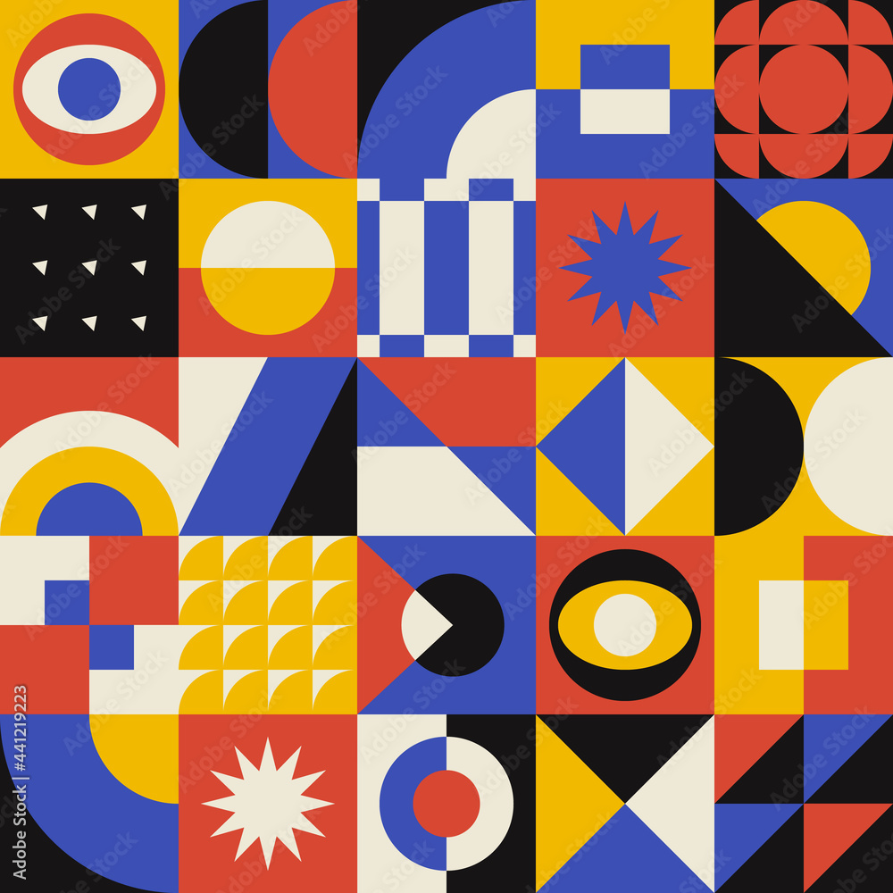 Poster abstract geometric pattern. retro vector banner with geometrical composition. bauhaus design.