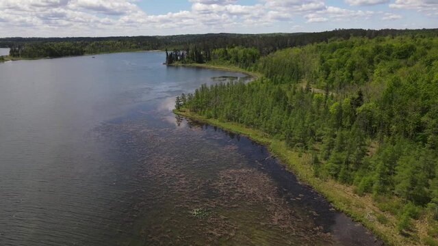 4K flyover of beautiful blue lake showing cloud reflections. Vibrant green treed shoreline can be seen surrounding lake. Lake Itasca, MN. 
