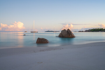 sunrise at tropical beach anse lazio on praslin on the seychelles
