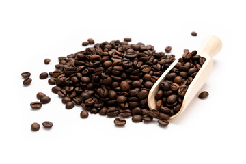 Coffee on wooden spoon isolated on white background