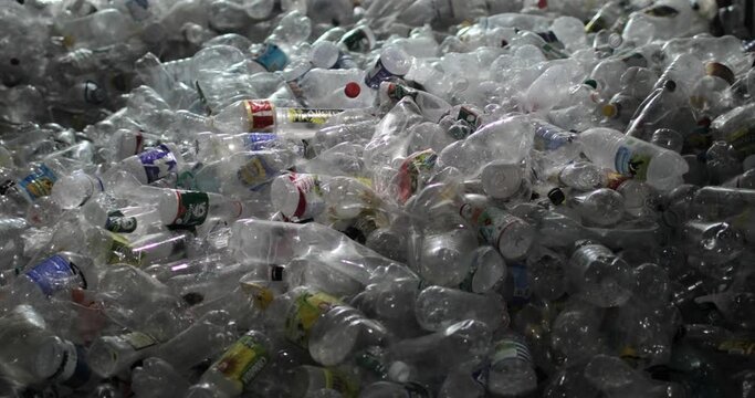Plastic bottles with lids and labels sorted from other waste. Close-up. Storage, reuse and recycling. Environmental protection concept.