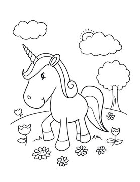 Cute Unicorn Coloring Book Page Vector Illustration Art