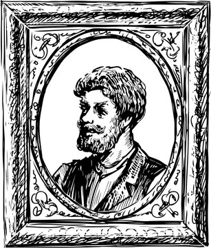 Freehand drawing of vintage portrait bearded man in decorative picture frame