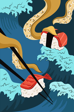 Japanese food sushi and sashimi poster hand-drawn design. Japan national dish rice and raw fish and shrimp. Squid or octopus tentacles hold chopsticks on sea waves. Seafood rolls bar menu promo banner