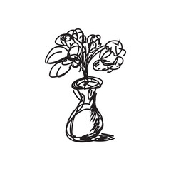 flower in vase. bouquet scrawled drawn with black ink isolated on white background