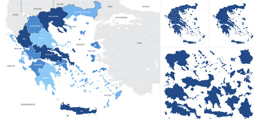 Detailed, vector, blue map of Greece with administrative divisions country