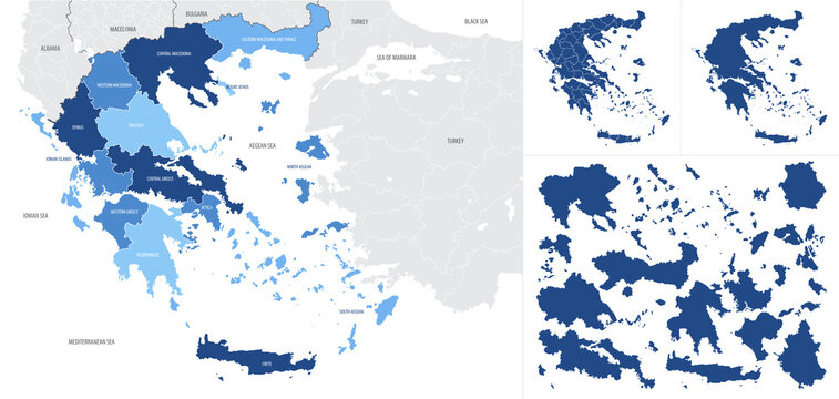 Detailed, vector, blue map of Greece with administrative divisions country