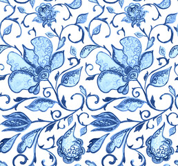 Paisley watercolor floral pattern tile:  flowers, flores, tulips, leaves. Oriental indian traditional hand painted water color whimsical seamless print, ceramic design. Abstract india batik background