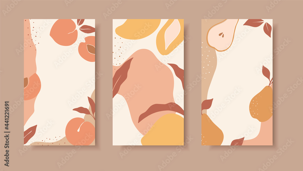 Poster set of abstract vector backgrounds with copy space for text. simple shapes of fruits. trendy stories