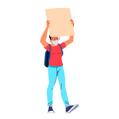 Protesting man with placard marching In protest with banner, screaming angry, protesting and demanding political freedoms. Flat character design vector illustration isolated on white background