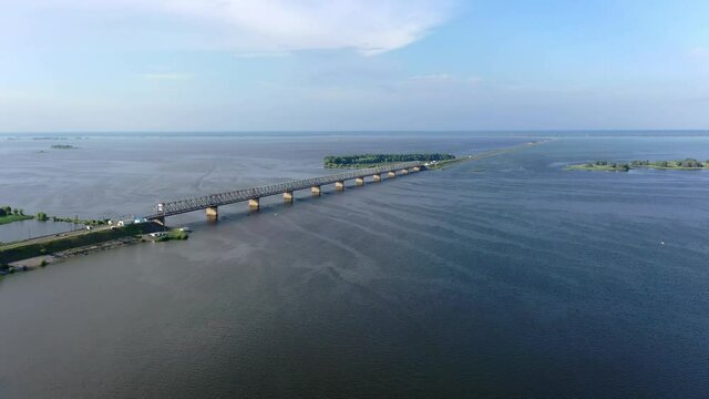 Aerial view of The bridge over the Dniper river, Cherkasy. Ukraine