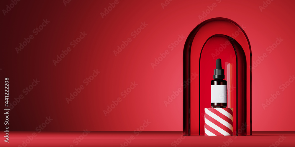 Poster minimal mockup background for product presentation. red stripe podium and dome panel on red backgrou