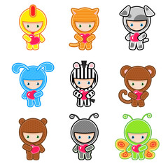 Cute kids wearing costume chicken, bunny, dog, cat