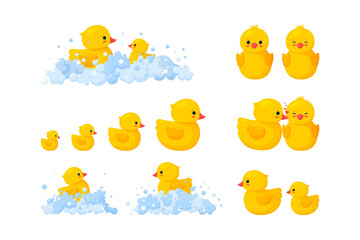 Rubber duck family in soap foam isolated in white background. Big set of yellow plastic duck toys in suds, parent and baby. Vector illustration in cartoon style
