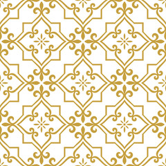 Fototapeta na wymiar Wallpaper in the style of Baroque. A seamless vector background. Gold and white texture. Floral ornament.