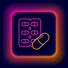 Glowing neon line Pills in blister pack icon isolated on black background. Medical drug package for tablet, vitamin, antibiotic, aspirin. Colorful outline concept. Vector