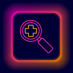 Glowing neon line Magnifying glass for search medical icon isolated on black background. Hospital search. Colorful outline concept. Vector