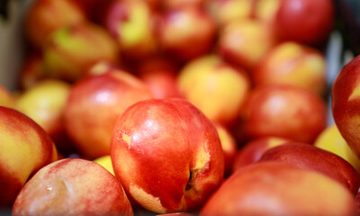Lot of ripe nectarines in the supermarket.
