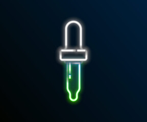 Glowing neon line Pipette icon isolated on black background. Element of medical, chemistry lab equipment. Pipette with drop. Medicine symbol. Colorful outline concept. Vector
