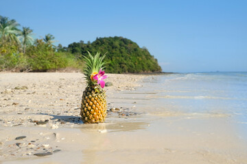 fresh Pineapple cocktail on sea beach. tropical ocean natural background. summer vacation, relax time, travel concept.