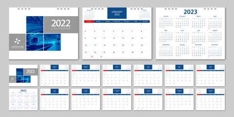 Calendar 2022 week start Sunday corporate design template vector. - obrazy, fototapety, plakaty