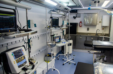 Inside Mobile Hospital. Operating room of the field hospital.