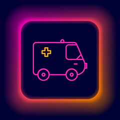 Glowing neon line Ambulance and emergency car icon isolated on black background. Ambulance vehicle medical evacuation. Colorful outline concept. Vector