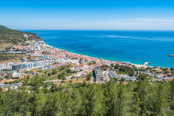 Naklejka na ściany i meble Viewpoint for the village of Sesimbra along the Atlantic Ocean, PORTUGAL