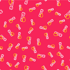 Line Test tube with water drop icon isolated seamless pattern on red background. Vector