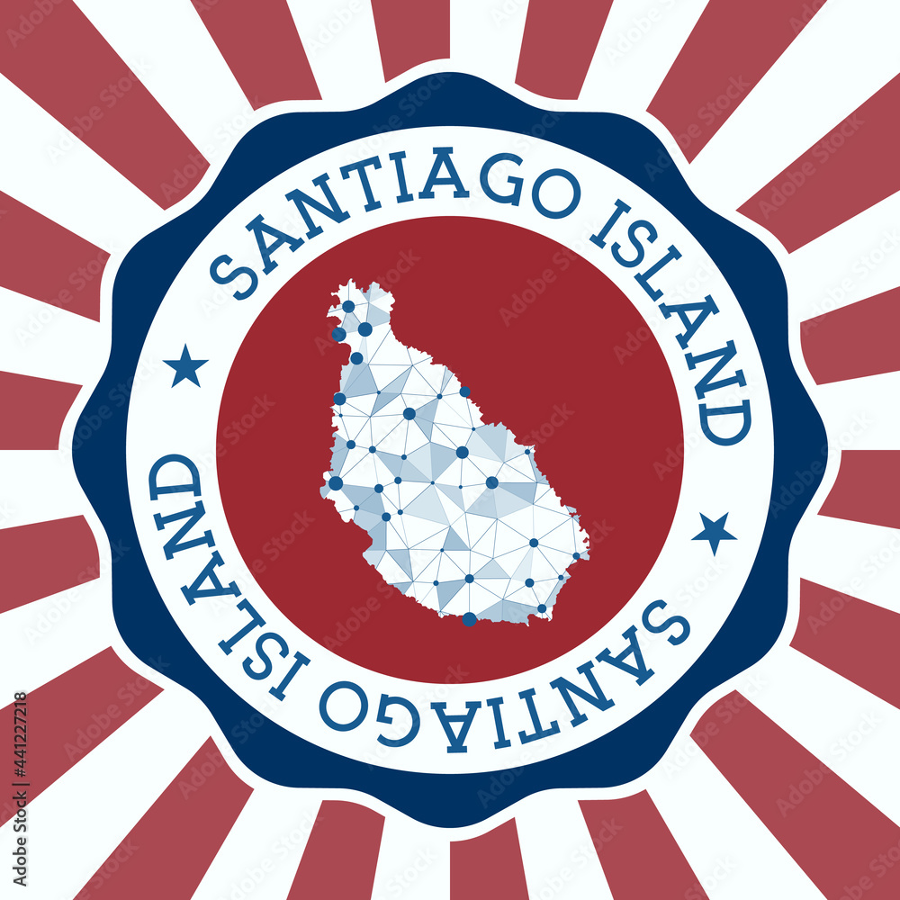 Poster santiago island badge. round logo of island with triangular mesh map and radial rays. eps10 vector.